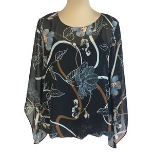 Alfani Navy Semi-Sheer Floral Blouse, Petite Large
